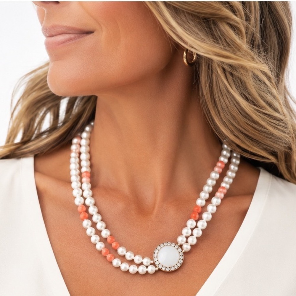 Pearlized Beads &Coral Tones Necklace Crystal Halo White Gold Tone Double Strand
